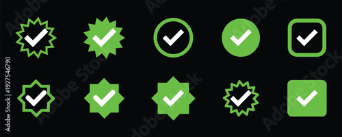 Collection of green checkmark icons in various shapes and outlines. checkmark vector, checkmark icon set, approved symbol, checked checkbox mark, checkmark set, editable line.