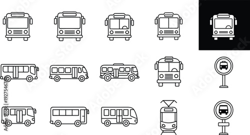 bus, transport, icons, outline, vector, illustration, public, transit, vehicle, city, urban, mobility, symbol, sign, station, design, isolated, graphic, set, line