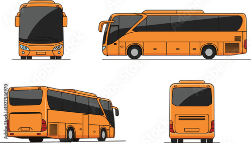 coach, bus, vector, illustration, transport, vehicle, travel, tourism, orange, city, passenger, transit, side, front, rear, view, design, isolated, modern, graphic