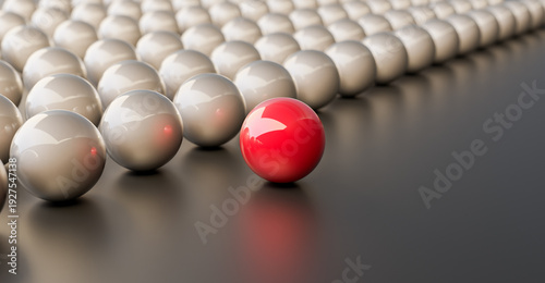 Leadership concept, red leader ball, standing out from the crowd of silver balls. 3D Rendering