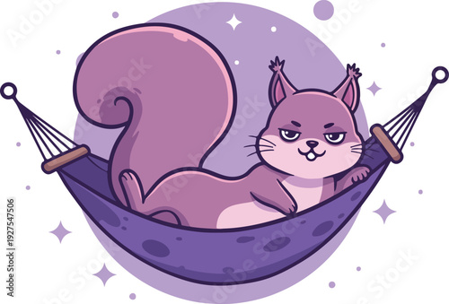 Pixel Art Squirrel Relaxing in Hammock Purple Cute Vector Illustration