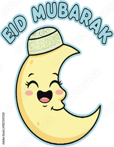 Cute cartoon yellow crescent moon character with rosy cheeks and open mouth wearing a white kufi hat, with light blue "EID MUBARAK" text above, isolated on white background