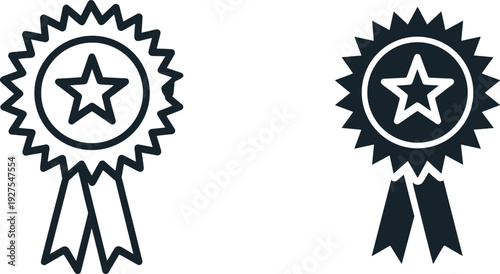Outline and Solid Starburst Award Ribbon Icons on White badge medal