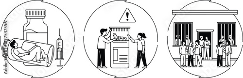 medication safety awareness illustration, pharmaceutical warning concept with pills bottle syringe overdose risk prevention healthcare education vector line art design