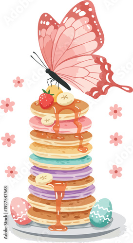 Pixel Art Stacked Pancakes Butterfly And Eggs Soft Pastels Isolated