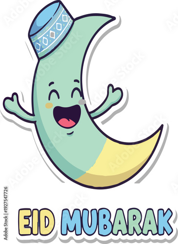 Smiling light green and yellow crescent moon cartoon character wearing a light blue kufi cap with white patterns, Eid Mubarak text below, isolated on white background