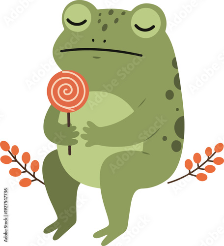 Sad Green Frog Sits Holding Orange Swirl Lollipop Autumn Leaves