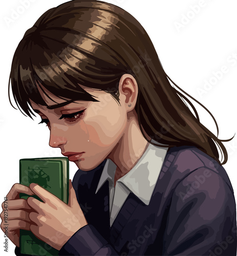 Sad Girl With Book Holding Close In Soft Lighting