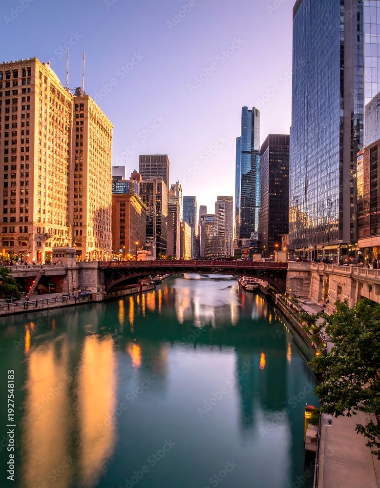 Fototapeta premium A cityscape with a river and bridge at sunset