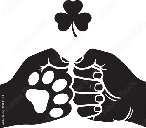 Fist bump with dog paw and shamrock, symbol of friendship, luck, and pet love , Generative Ai