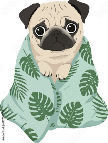 Pixel Pug Wrapped In Tropical Leaf Blanket Soft Light