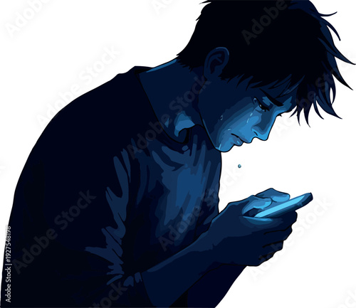 Sad Young Man Crying Looking At Phone Screen Blue Tones Pixel Art