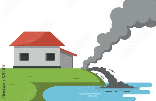 Pollution From House Smog Into Water Vector Illustration