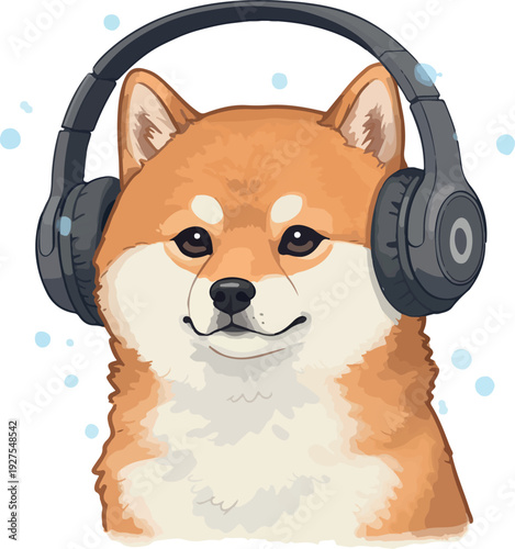 Shiba Inu Dog Wearing Headphones Listening Music Pixel Art Isolated