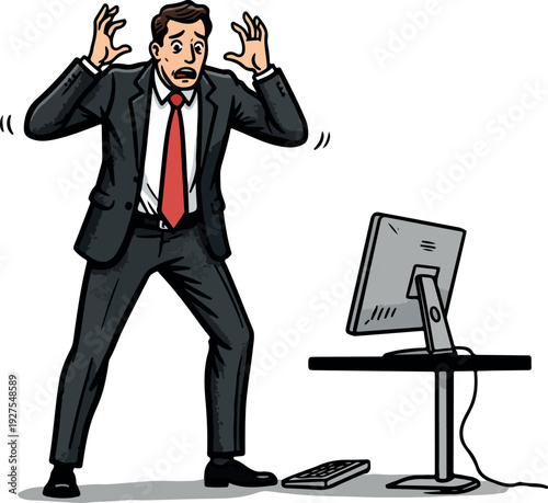 Shocked Businessman In Suit Panics At Computer Screen White Background