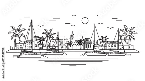 A serene and modern line drawing of a harbor with sailboats, palm trees, and a city skyline under a sunny sky, perfect for travel and tourism concepts.
