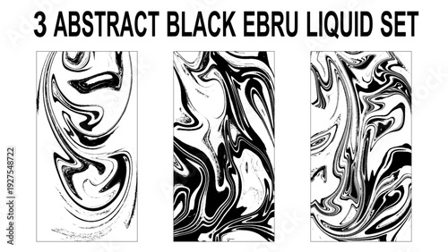 Set of abstract backgrounds. Ink marbling textures. Black and white. Hand drawn marble illustrations, ebru aqua paper and silk prints. Traditional Turkish ebru technique.