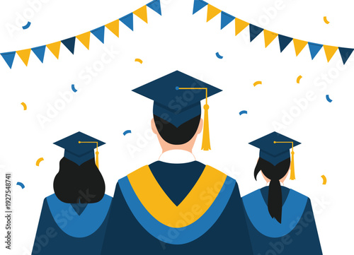 Three Graduates in Caps and Gowns Viewed from Behind with Confetti graduation students