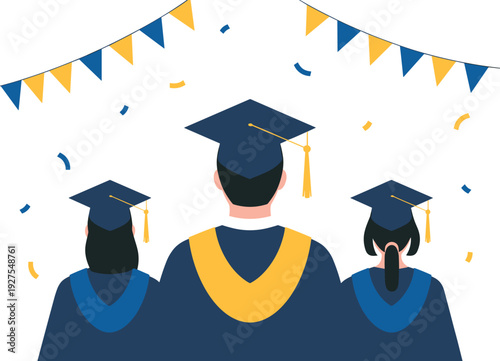 Three graduates in caps and gowns with confetti and bunting flags Keywords: graduation, graduates, cap, gown, tassel, confetti