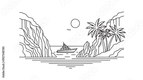A serene black and white illustration of a boat sailing near a tropical island with palm trees, cliffs, and a calm ocean under a sunny sky.