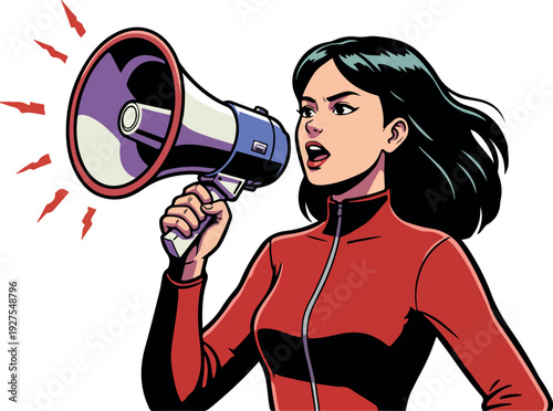 Retro Pixel Art Woman With Megaphone Announcing Loudly White Background