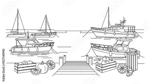 A black and white illustration of a serene harbor scene featuring boats docked at a pier with cargo crates and sailboats in the background, evoking a sense of calmness and tranquility.