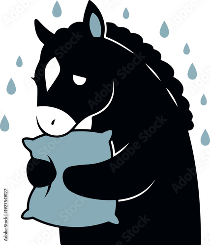 Sad Black Horse Hugging Pillow Under Rain Minimalist Vector Illustration