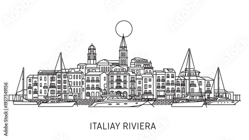 A detailed black and white line drawing of a picturesque Italian Riviera town with sailboats in the harbor, showcasing historic buildings and a prominent church steeple under a sunny sky.