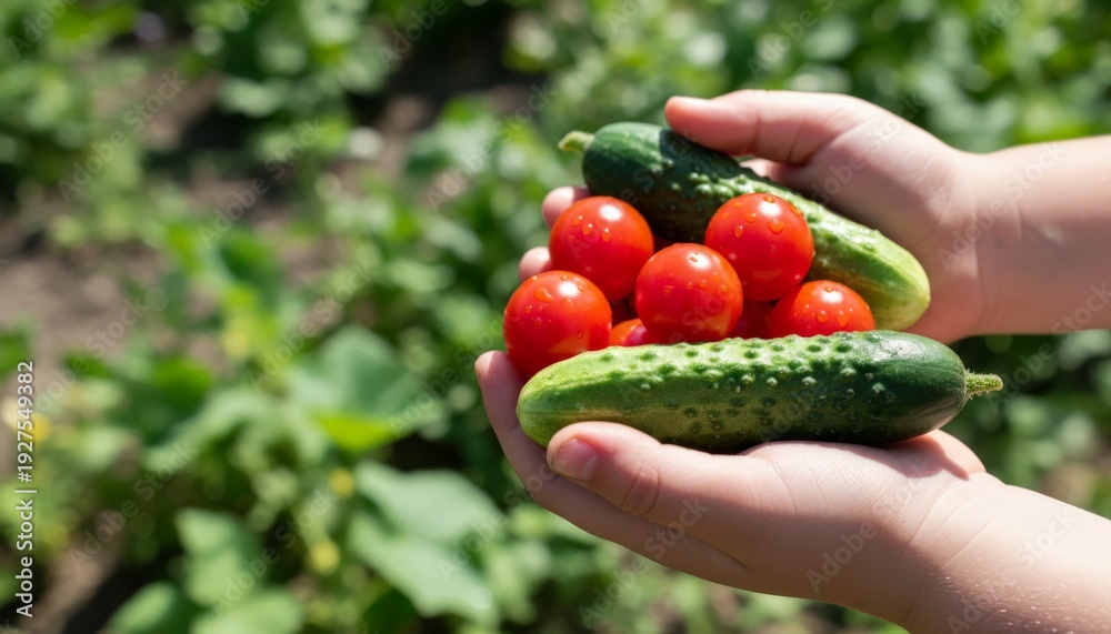 Fototapeta premium Vibrant Fruits In Garden Scene, Juicy Cherry Tomatoes And Cucumbers Freshly Picked From Garden, Detailed View Of Freshly Harvested Cherry Tomatoes And Cucumbers From Home Garden