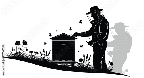 Beekeeper tending to a hive with flowers a striking black silhouette