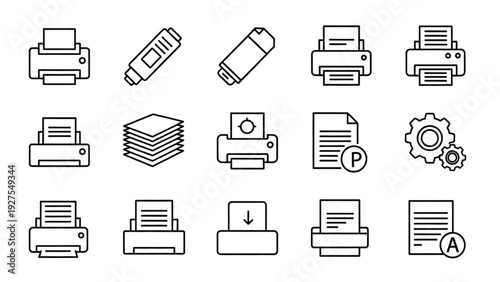 Vector Icon Sheet Featuring Printer and Document Icons for Office Supplies and Technology