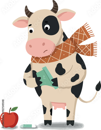 Sick Cow Wearing Scarf Reading Book Vector Illustration Isolated