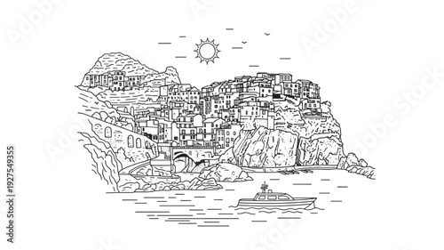 A serene vector illustration of a seaside town perched on a cliffside, with a boat sailing in the calm waters below under a sunny sky.
