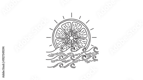 A black line drawing of a lemon slice forming the sun over wavy ocean water, creating a unique and refreshing visual representation.