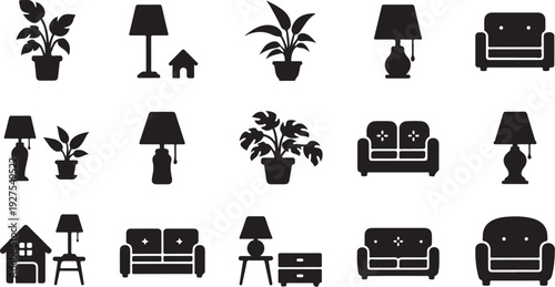 Furniture and home decor icons in black and white