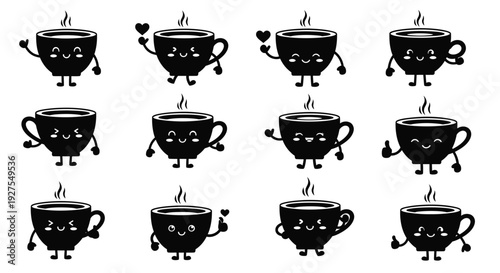 Charming cartoon coffee cups with faces and hands a playful silhouette