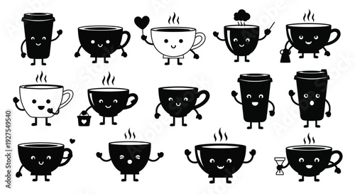 Adorable anthropomorphic coffee and tea cups with smiling faces black silhouette