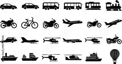 Transportation modes and vehicles icon set