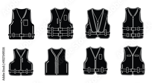 Collection of black life vest illustrations varied designs minimal detail silhouette