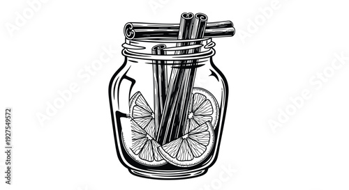 Cinnamon sticks citrus slices and a mason jar in black outline silhouette