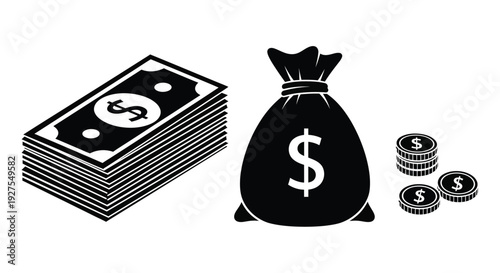 Stacks of money a bag and coins presented as a black silhouette
