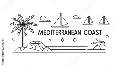A black and white line art illustration of a serene Mediterranean coast scene featuring sailboats, palm trees, and a tropical beach, perfect for travel and tourism marketing materials.