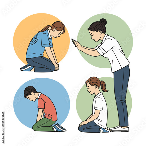 Four people kneeling with heads bowed in prayer or meditation group bowing.