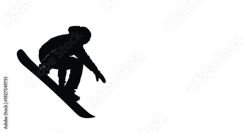 Snowboarder in mid air performing a trick dynamic black shape silhouette