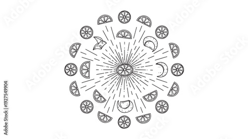 A black and white illustration of lemon slices arranged in a circular pattern with a sunburst design, creating a visually appealing and modern graphic.