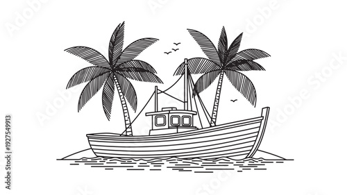 A serene black and white illustration of a fishing boat anchored near the shore with palm trees swaying in the breeze and birds flying overhead, evoking a sense of peace and tranquility.