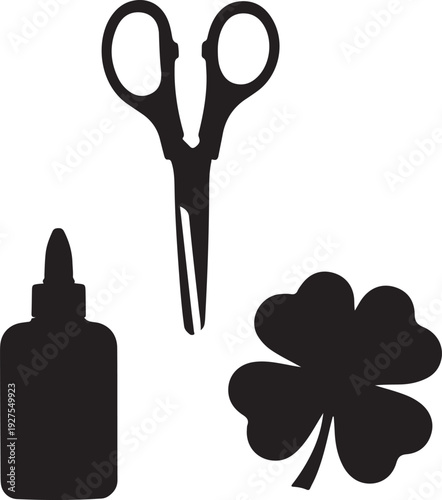 Black silhouette of craft supplies: scissors, glue bottle, and a shamrock, suggesting DIY projects for St. Patrick's Day. , Generative Ai