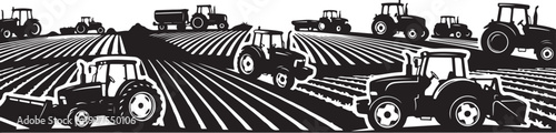 Tractors in a field with rows of soil illustration