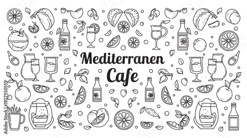 A black and white line art illustration featuring a Mediterranean cafe theme with various food and drink icons, including bottles, glasses, fruits, and leaves, on a white background.