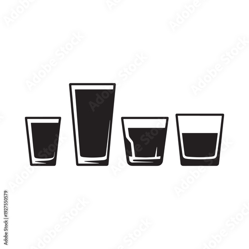 A graphic illustration depicts four different sized glasses filled with dark liquid on a white background